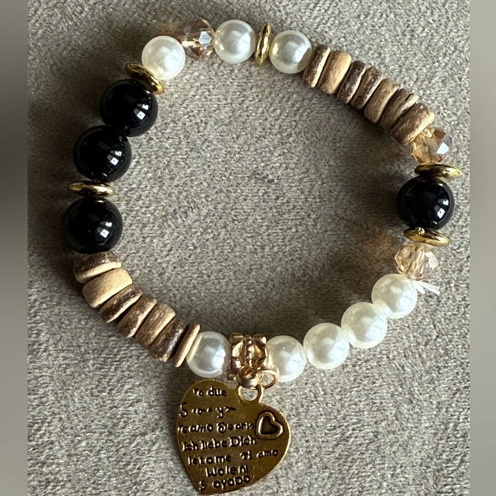 Handmade Pearl & Black Bead Heart Charm Bracelet - Gold Accent